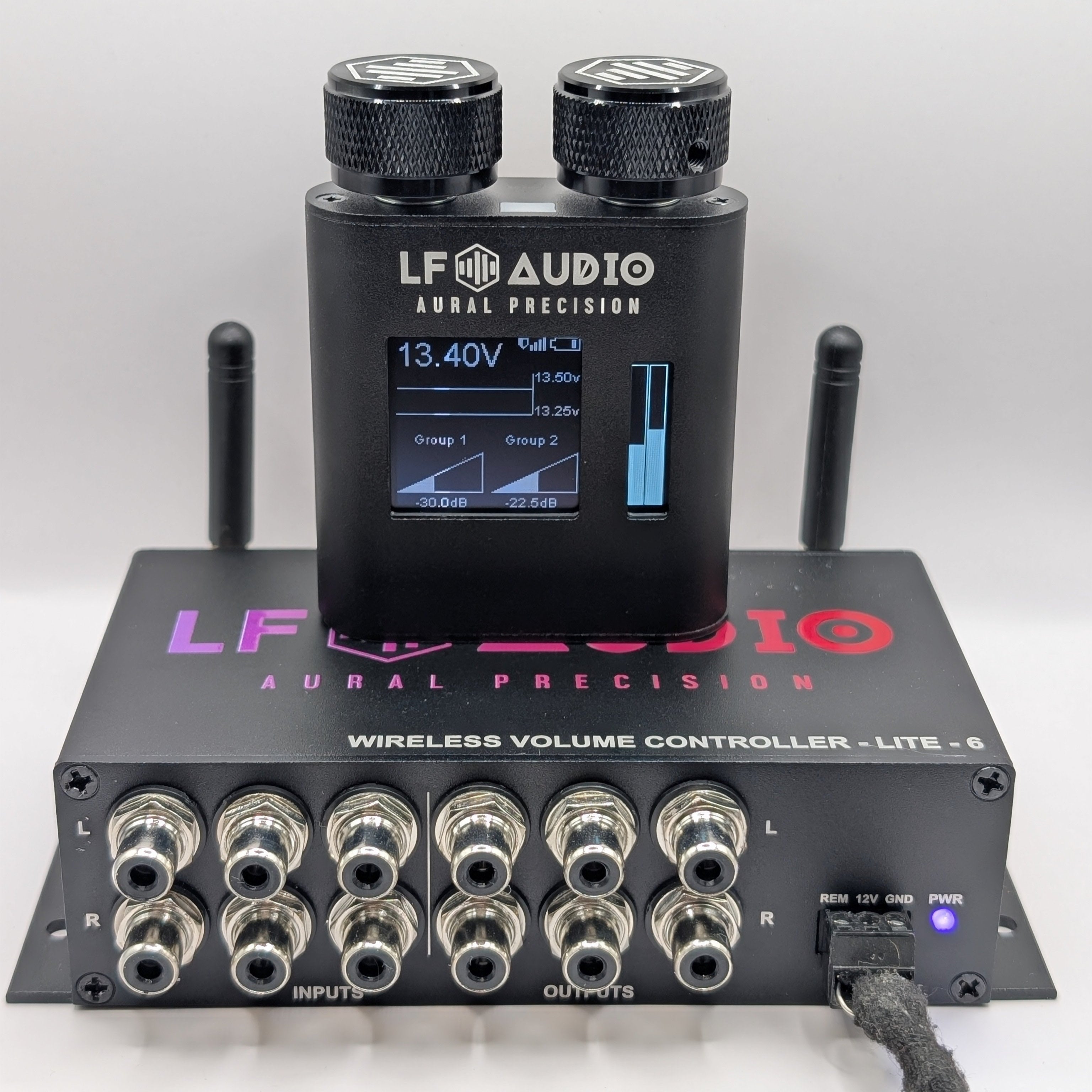 LF Audio WVC-Lite Wireless Volume Controller, With Dual Controllers, 500-Foot Range, Six Outputs, AuralSync App And Digital Display