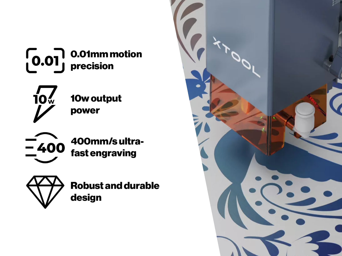 xTool D1 Pro 10W: 0.01 mm precision, 10W output, 400 mm/s engraving
