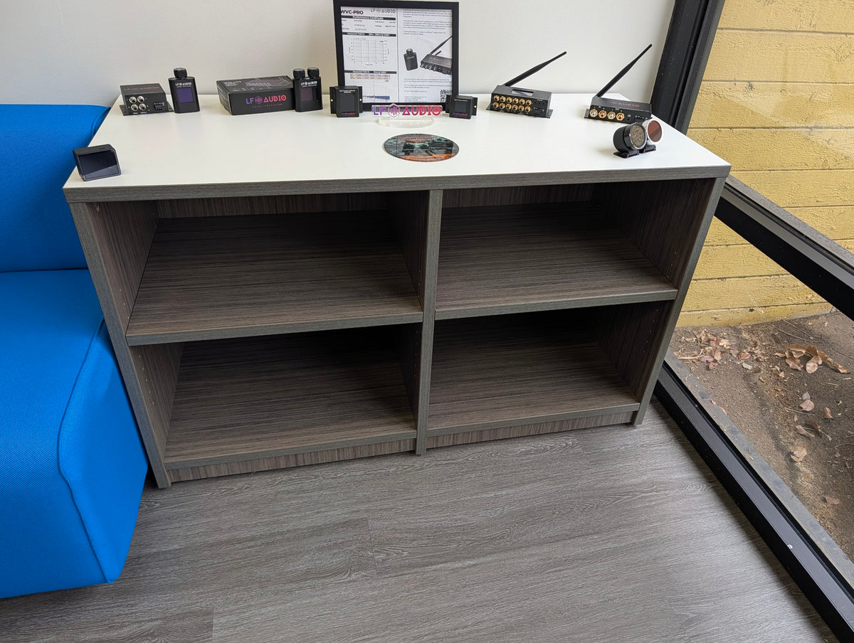 Low grey woodgrain 4-cube bookcase credenza