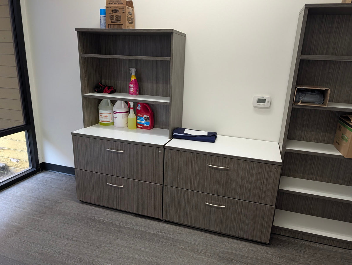 Grey woodgrain 2-drawer lateral files with bookshelf hutch