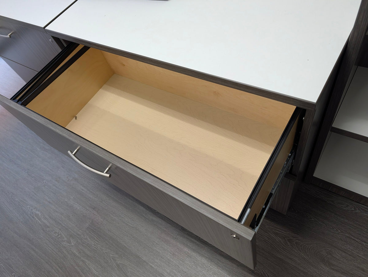 Grey lateral file drawer open showing full-extension slides