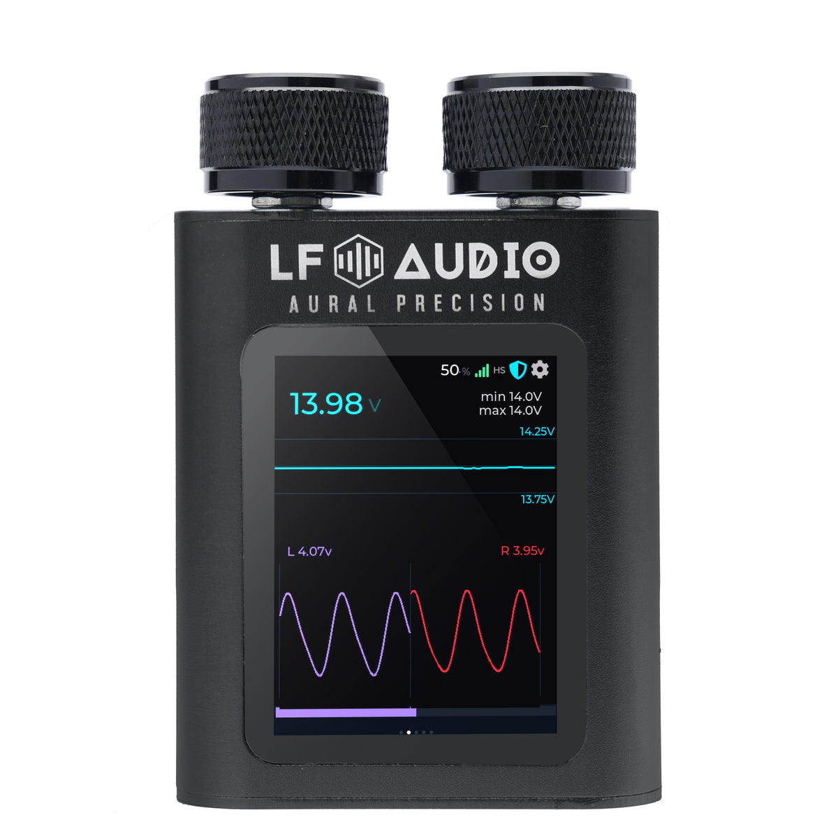 LF Audio WVC Dual PRO Knob, front view, screen showing battery voltage and a live waveform