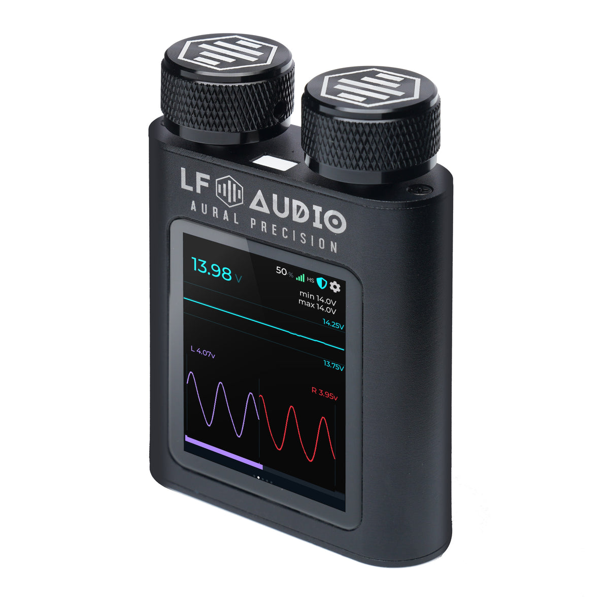 LF Audio WVC Dual PRO Knob, angled view, screen showing battery voltage and a live waveform