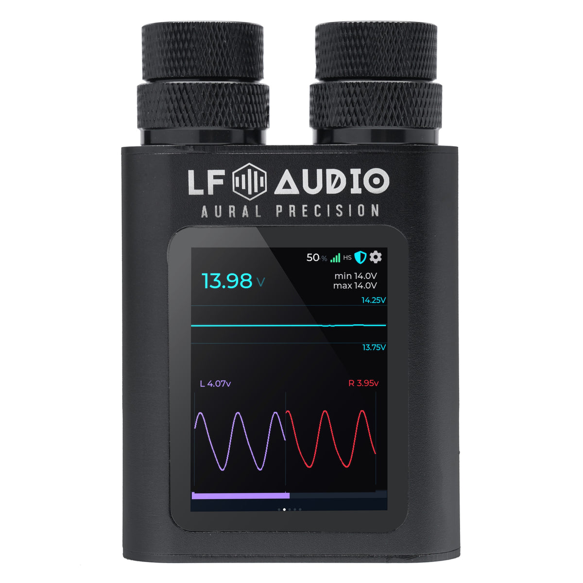 LF Audio WVC Quad PRO Knob, front view, screen showing battery voltage and a live waveform