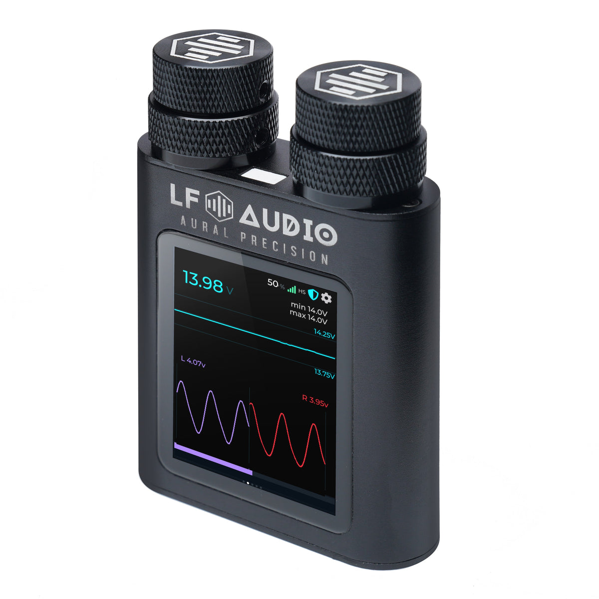 LF Audio WVC Quad PRO Knob, angled view, screen showing battery voltage and a live waveform