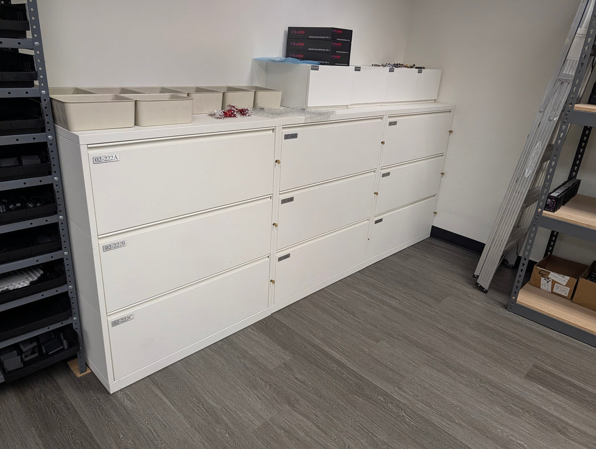 Meridian white steel 3-drawer lateral file cabinets, 36 inch